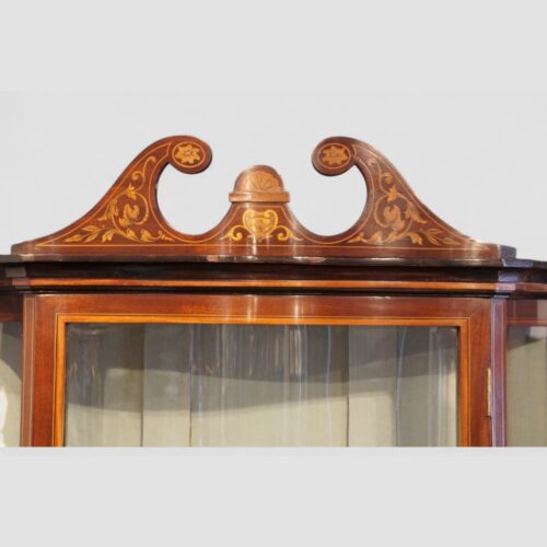 Edwardian inlaid display cabinet swan neck pediment