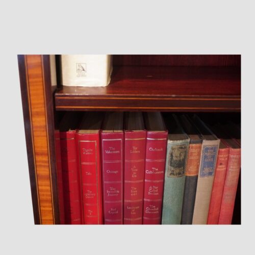 Tall Edwardian inlaid open bookcase banding detail