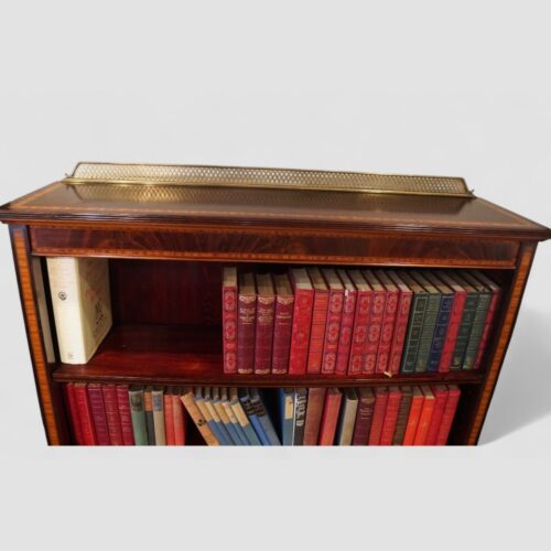 Tall Edwardian inlaid open bookcase front of top