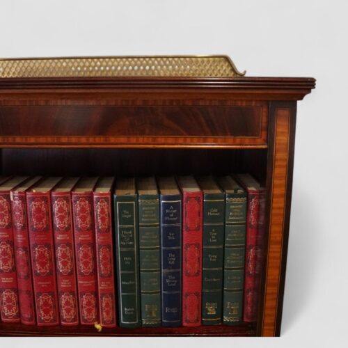 Tall Edwardian inlaid open bookcase top corner