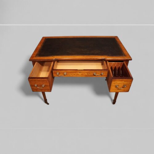 Victorian inlaid rosewood writing table drawers open