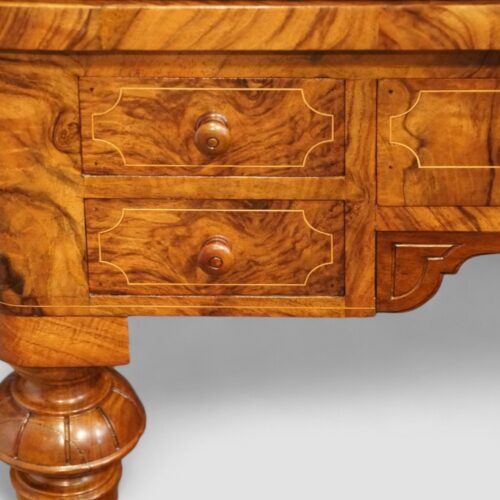 Victorian inlaid walnut games table knob detail