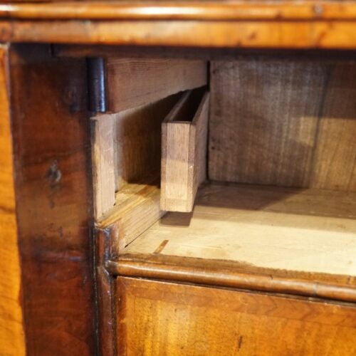 Early 18thc walnut escritoire secret guinea drawer