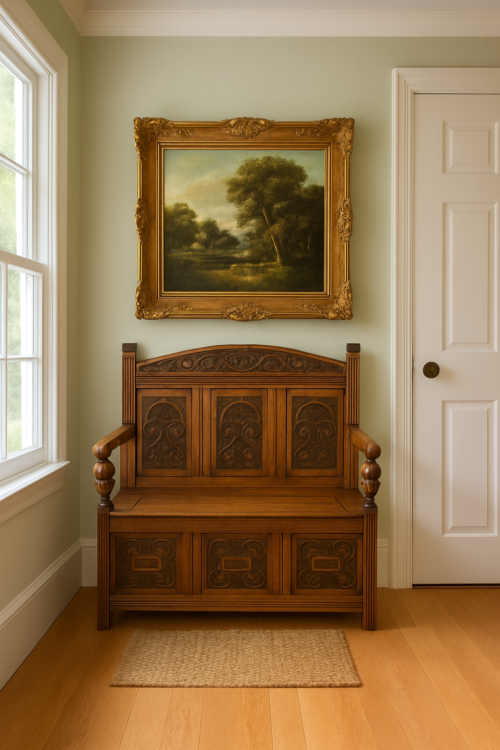 Edwardian golden oak settle in hallway