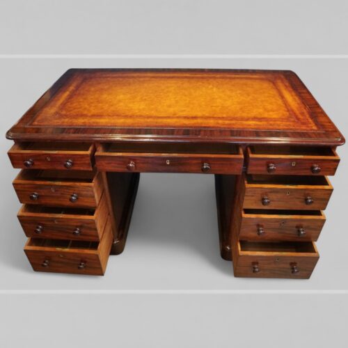 Victorian mahogany pedestal desk drawers open