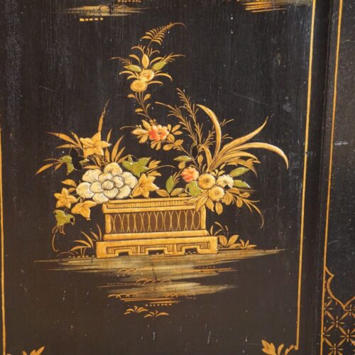 Pair of black lacquer Chinoiserie cupboards lower panel