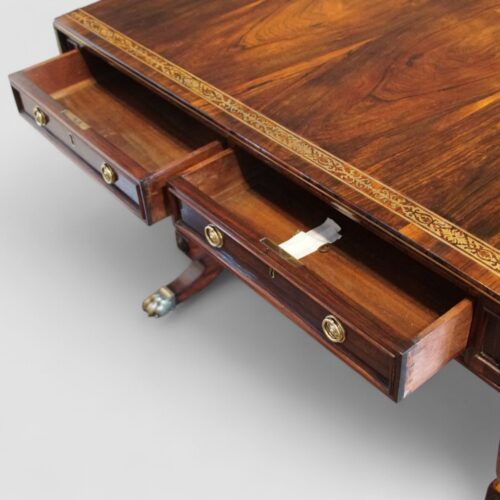 Regency brass inlaid rosewood sofa table drawers open