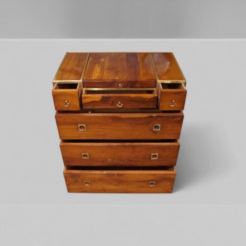 Brass bound yew wood serving cabinet drawers open