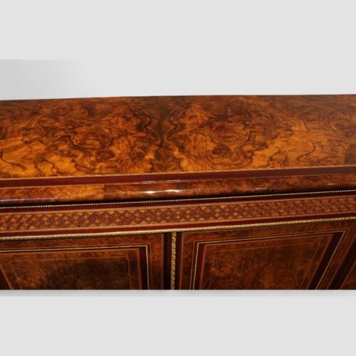 Victorian inlaid walnut 4 door credenza top detail