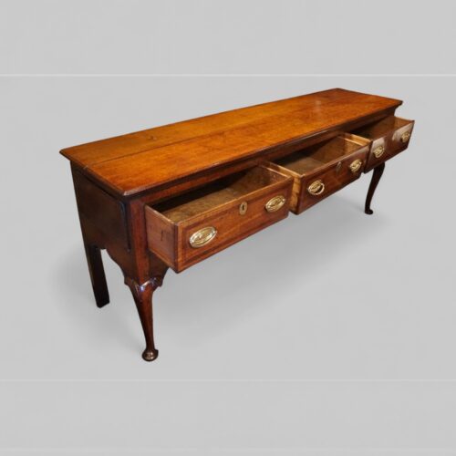 Georgian oak cabriole leg dresser base drawers open