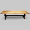 Large Edwardian oak refectory table with slab ends and stretcher beam