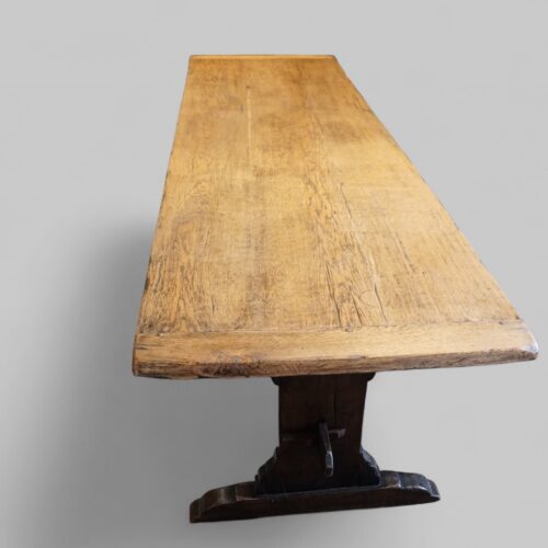 Top-down view of Edwardian oak table with rectangular surface
