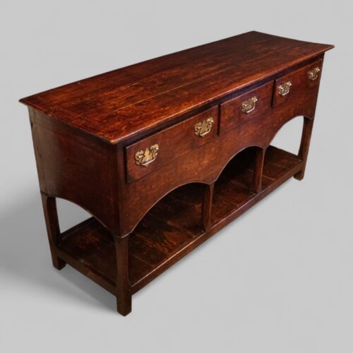 Antique oak dresser base with square legs angle