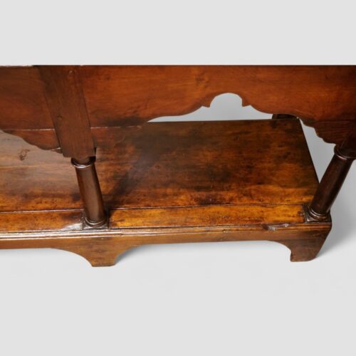 Antique oak pot board dresser with brass drop handles board detail