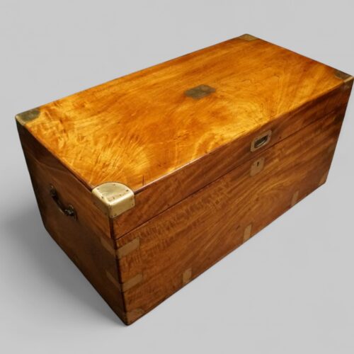 Large brass bound camphor wood campaign trunk at angle