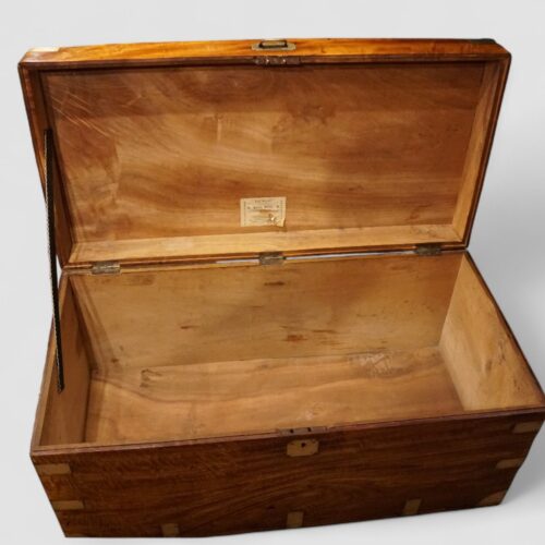 Large brass bound camphor wood campaign trunk interior