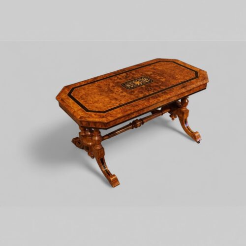 Victorian walnut and ebony coffee table at angle
