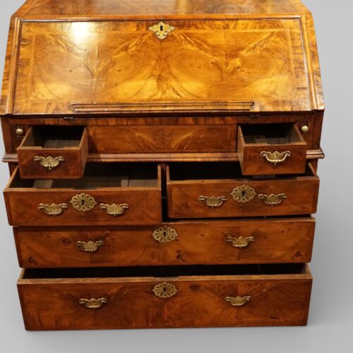 George I walnut bureau drawers open