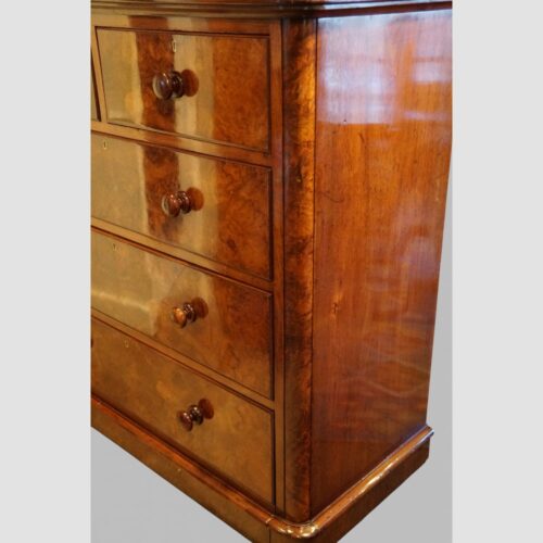 Victorian burr walnut chest of drawers corner detail