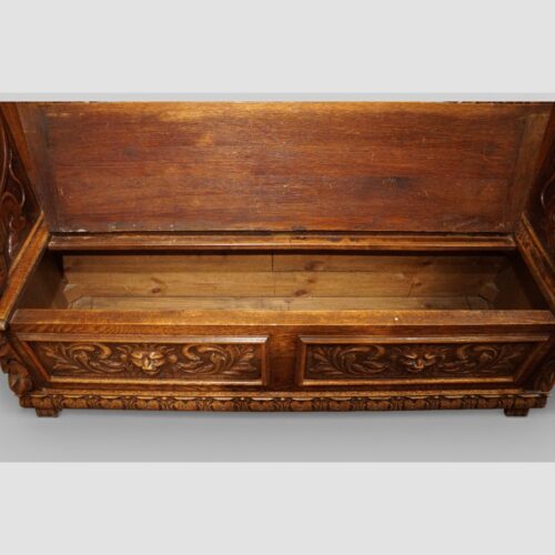 Victorian carved oak settle base interior