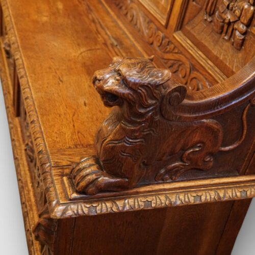 Victorian carved oak settle end of arm