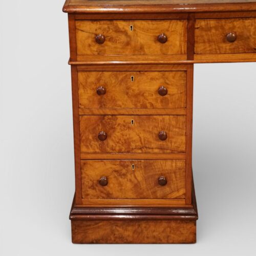 Victorian burr walnut pedestal desk left drawers