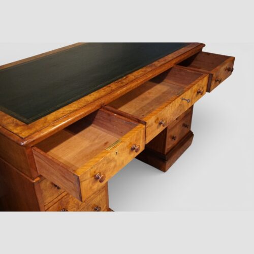 Victorian burr walnut pedestal desk top drawers open