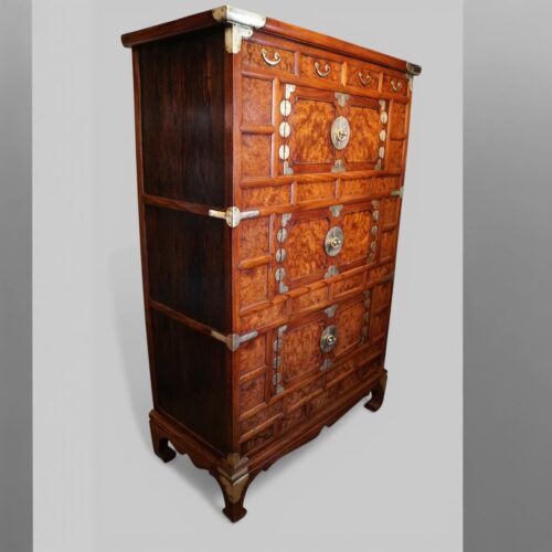 Burr Elm Korean cabinet at angle