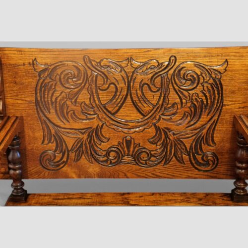 Edwardian oak monksbench carved back