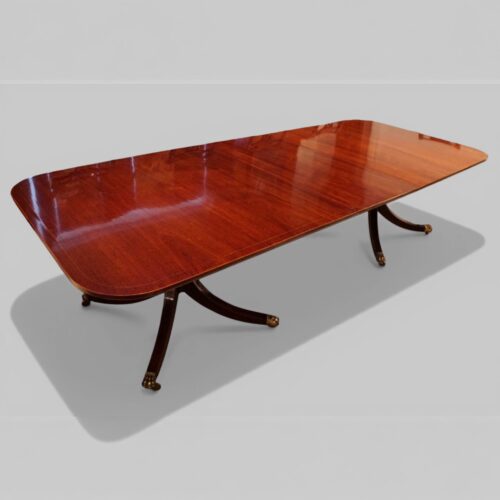 Georgian style inlaid mahogany twin pillar dining table