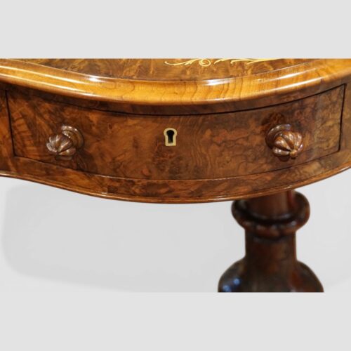 Victorian inlaid walnut kidney desk drawer detail