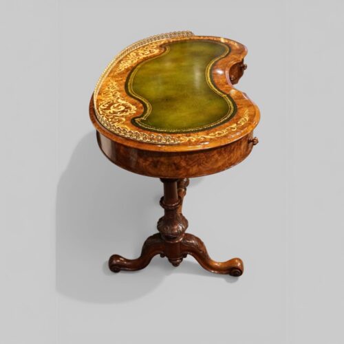 Victorian inlaid walnut kidney desk end detail