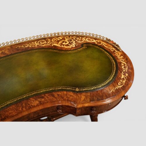 Victorian inlaid walnut kidney desk leather detail