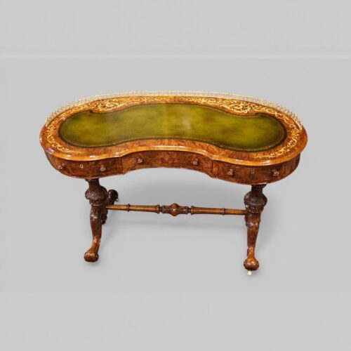 Victorian inlaid walnut kidney desk top view