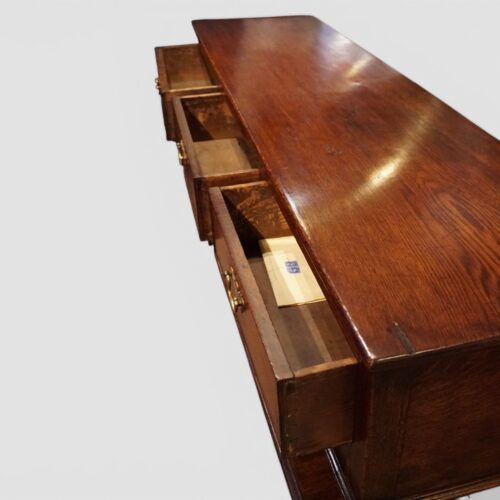 Antique oak pot board dresser base, 1820 drawers open