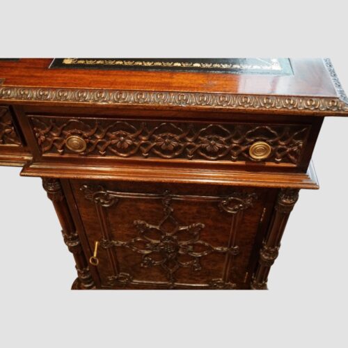 Chippendale style partners desk drawer carving and brass handle