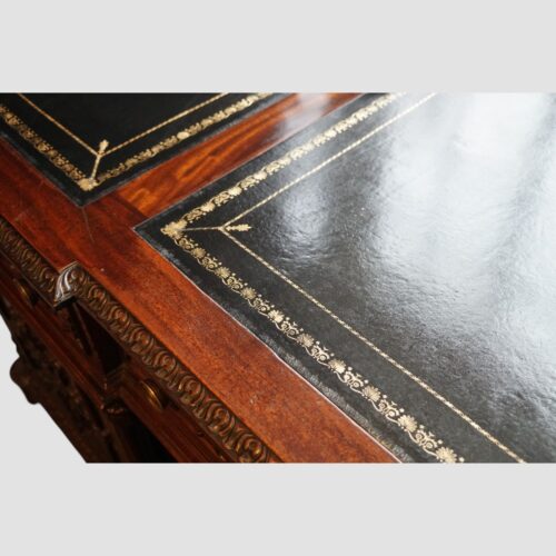 Chippendale style partners desk leather detail