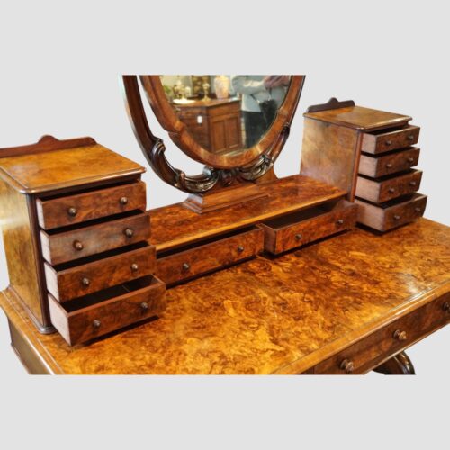 Victorian burr walnut dressing table trinket drawers open