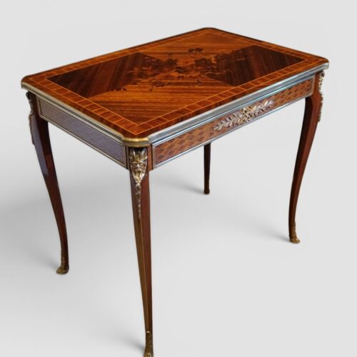French inlaid Belle Epoch sidetable angle view