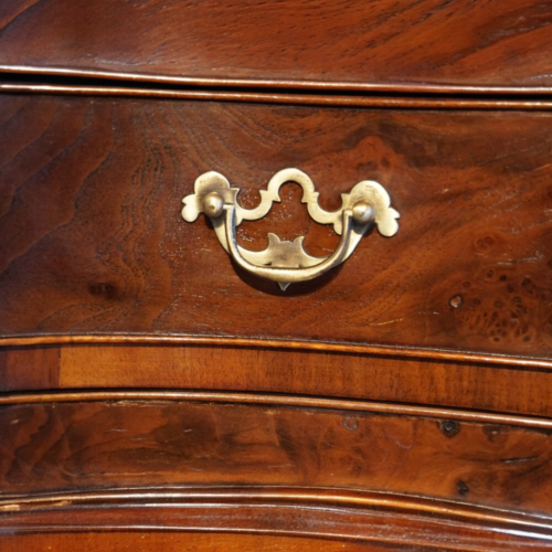 George V walnut serpentine tallboy. detail