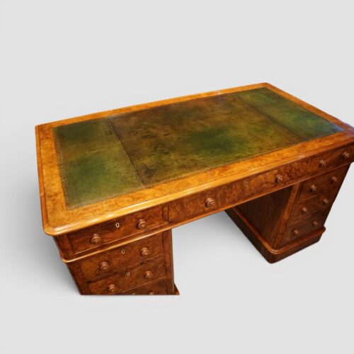 Victorian burr walnut pedestal desk angle view leather