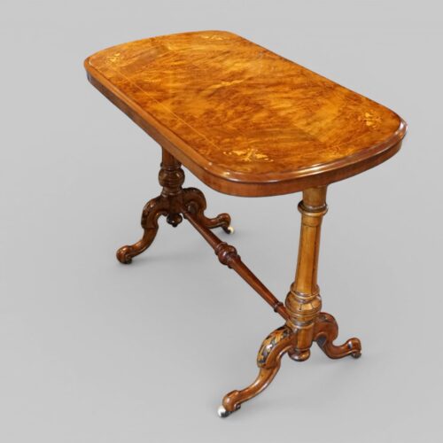 Victorian inlaid walnut window table angle view