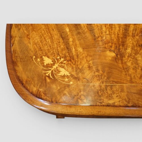 Victorian inlaid walnut window table corner inlay detail