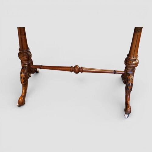 Victorian inlaid walnut window table pole stretcher