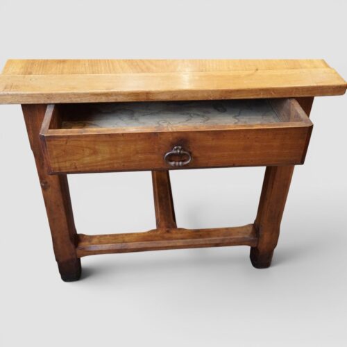 Antique cherrywood farmhouse table drawer open