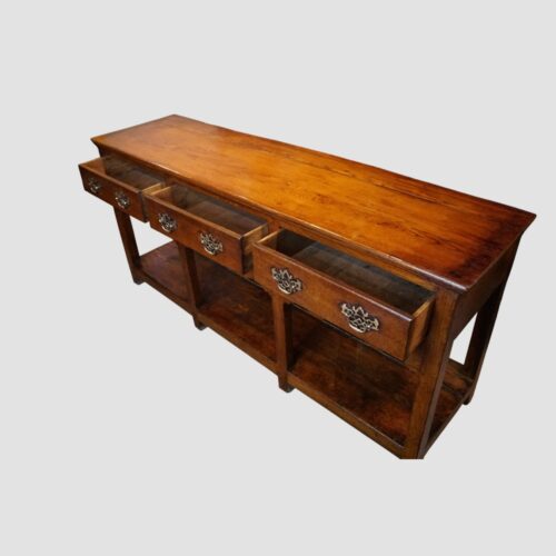 Antique oak pot board dresser base square legs drawers open