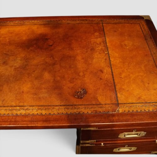 Victorian brass bound campaign desk pedestal leather detail