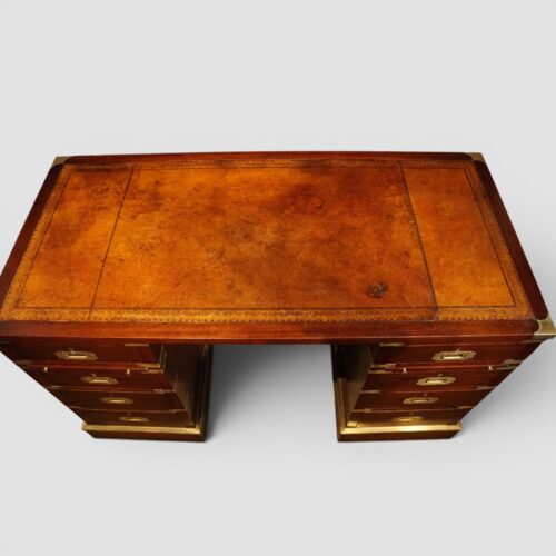 Victorian brass bound campaign desk pedestal leather top