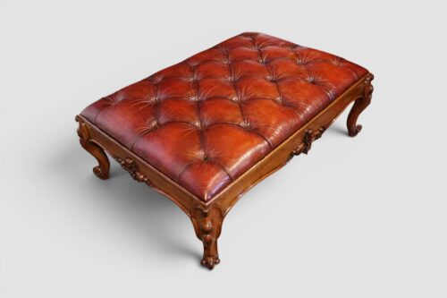 Large Victorian Walnut Buttoned Red Leather Stool
