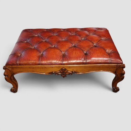 Large Victorian walnut buttoned red leather stool upholstered in hand-dyed antiqued English leather.